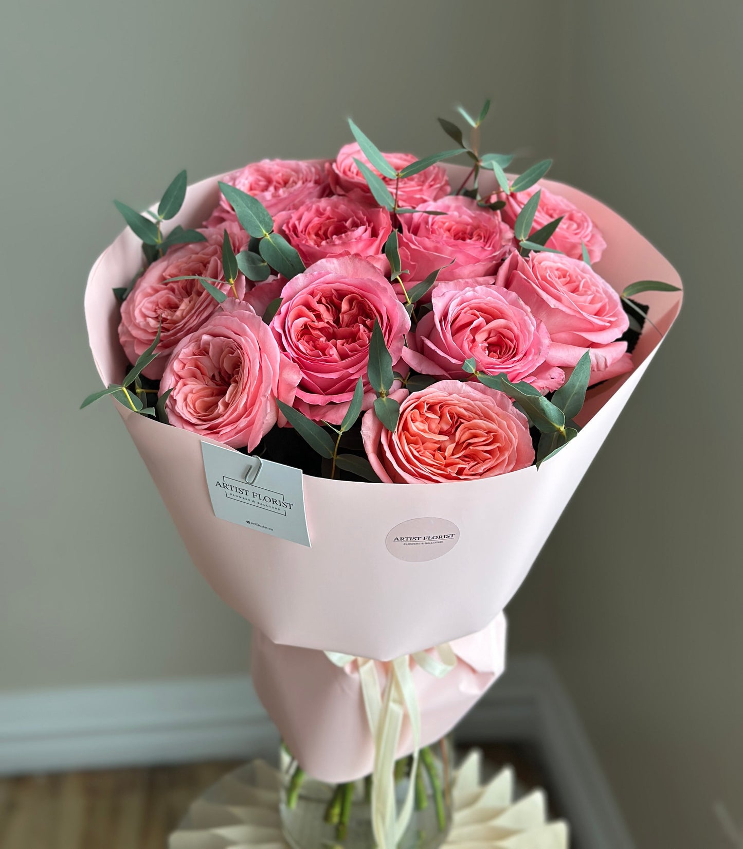 Dozen Garden Roses with Eucalyptus – Elegant Bouquet