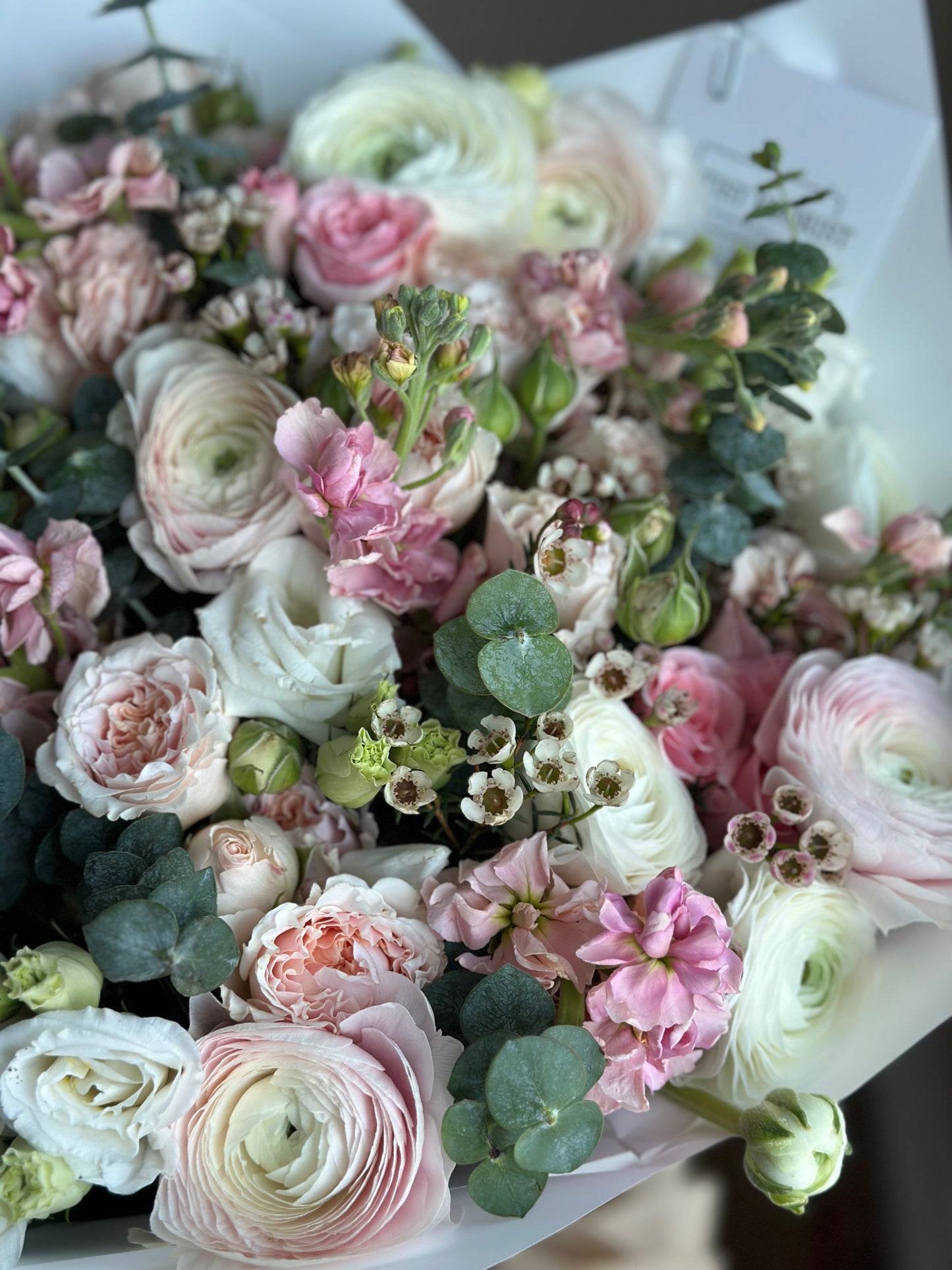 Blush & White Fragrant Flower Bouquet – Ranunculus, Spray Roses & Eucalyptus