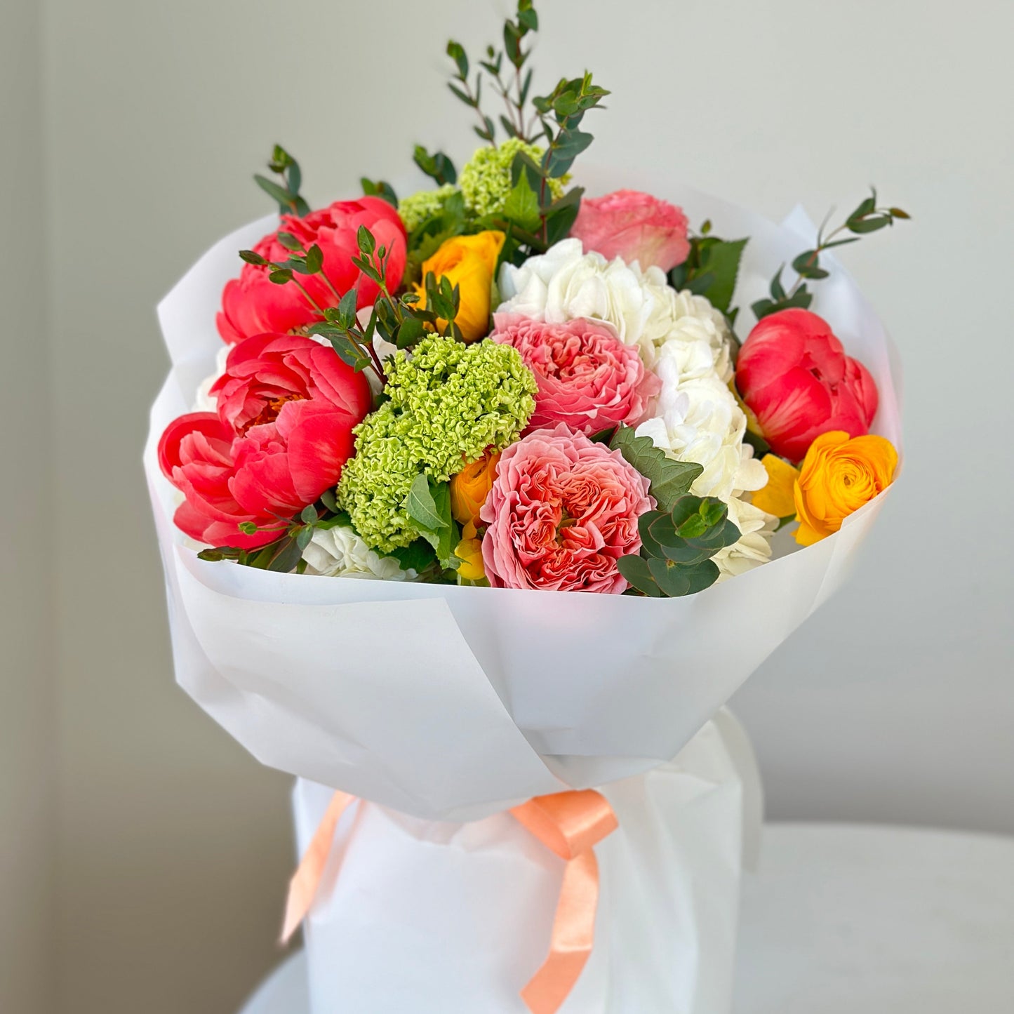 Summer Radiance Bouquet – Coral Peonies, Garden Roses & Hydrangea | Winnipeg Flower Delivery