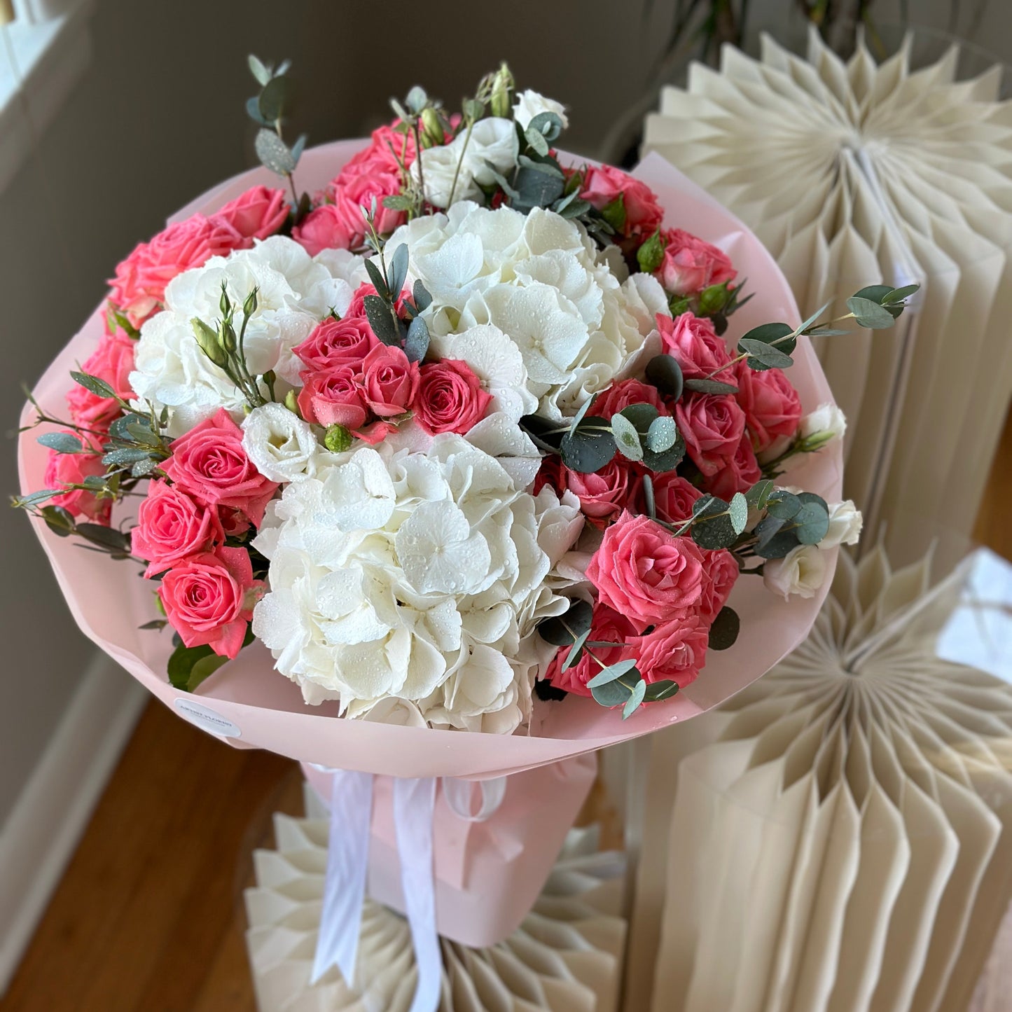 Coral Cloud- Hydrangea, Spray Roses & Eucalyptus Bouquet
