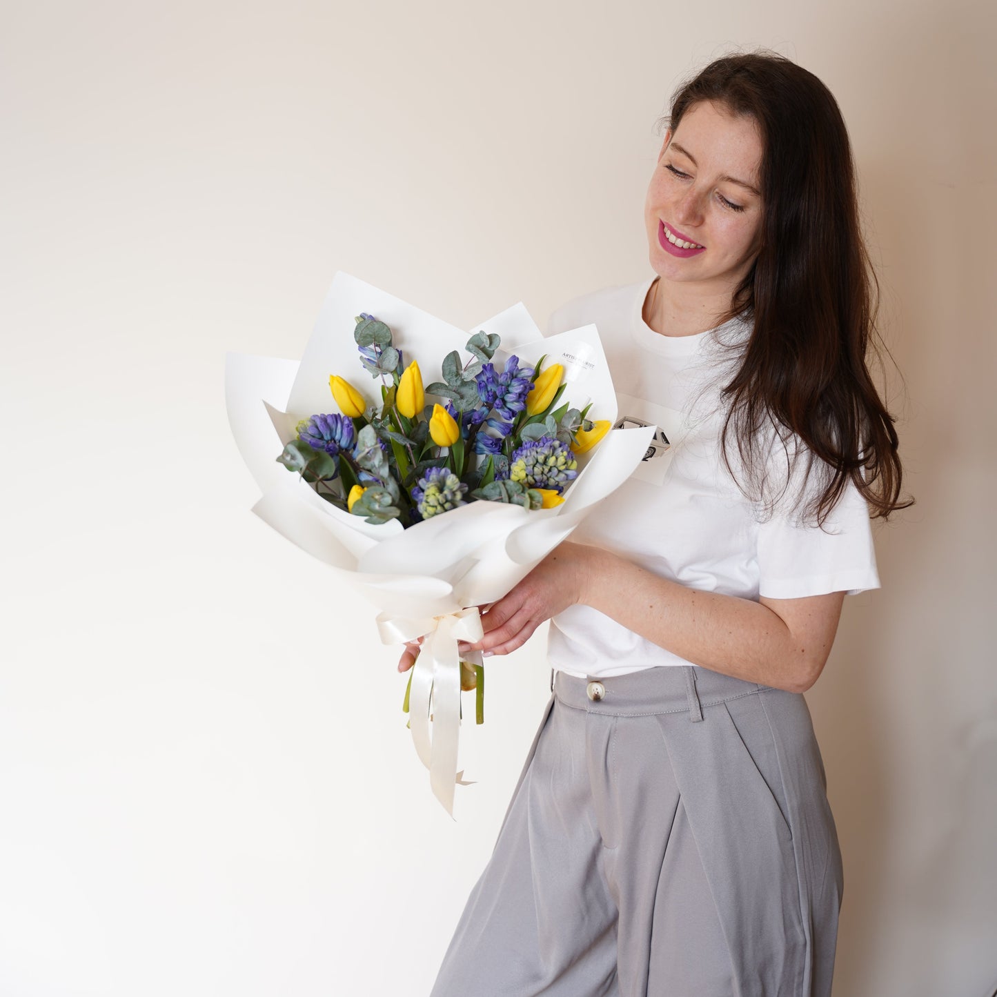 Spring Bouquet with fragrant hyacinths, eucalyptus & tulips