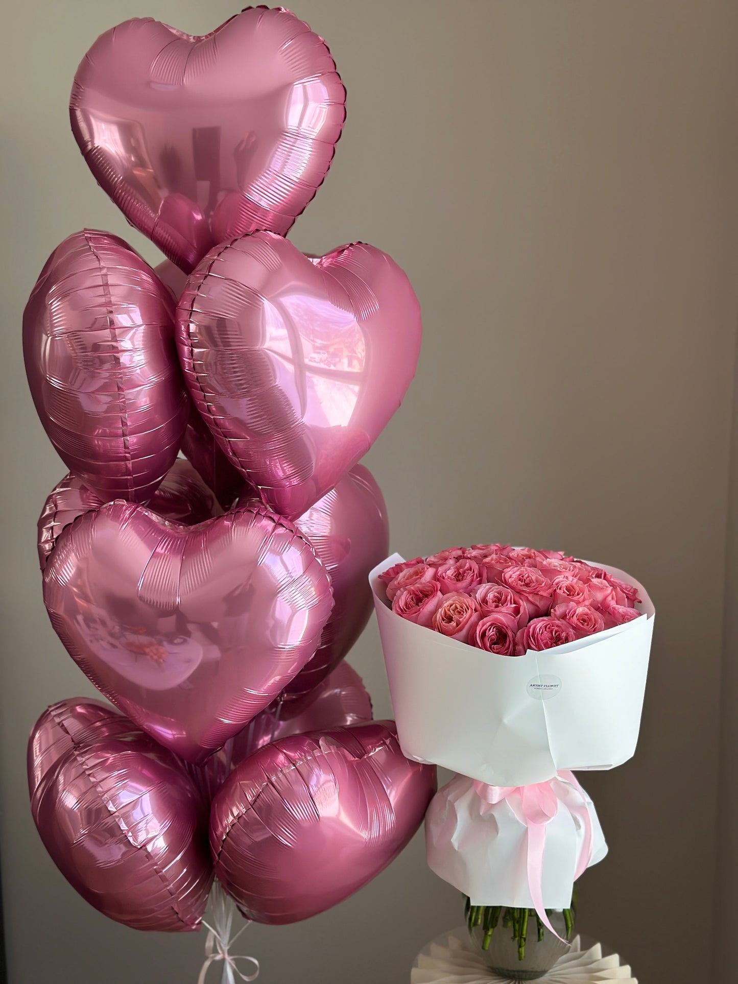 25 Pink Peony Roses Bouquet & 10 Heart Balloons – Birthday & Anniversary Gift