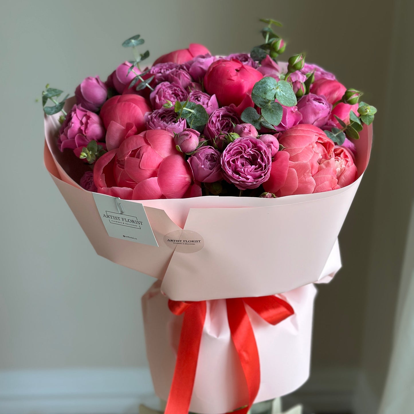 Coral Peony Bouquet with Spray Roses & Eucalyptus | Luxury Fresh Flower Bouquet