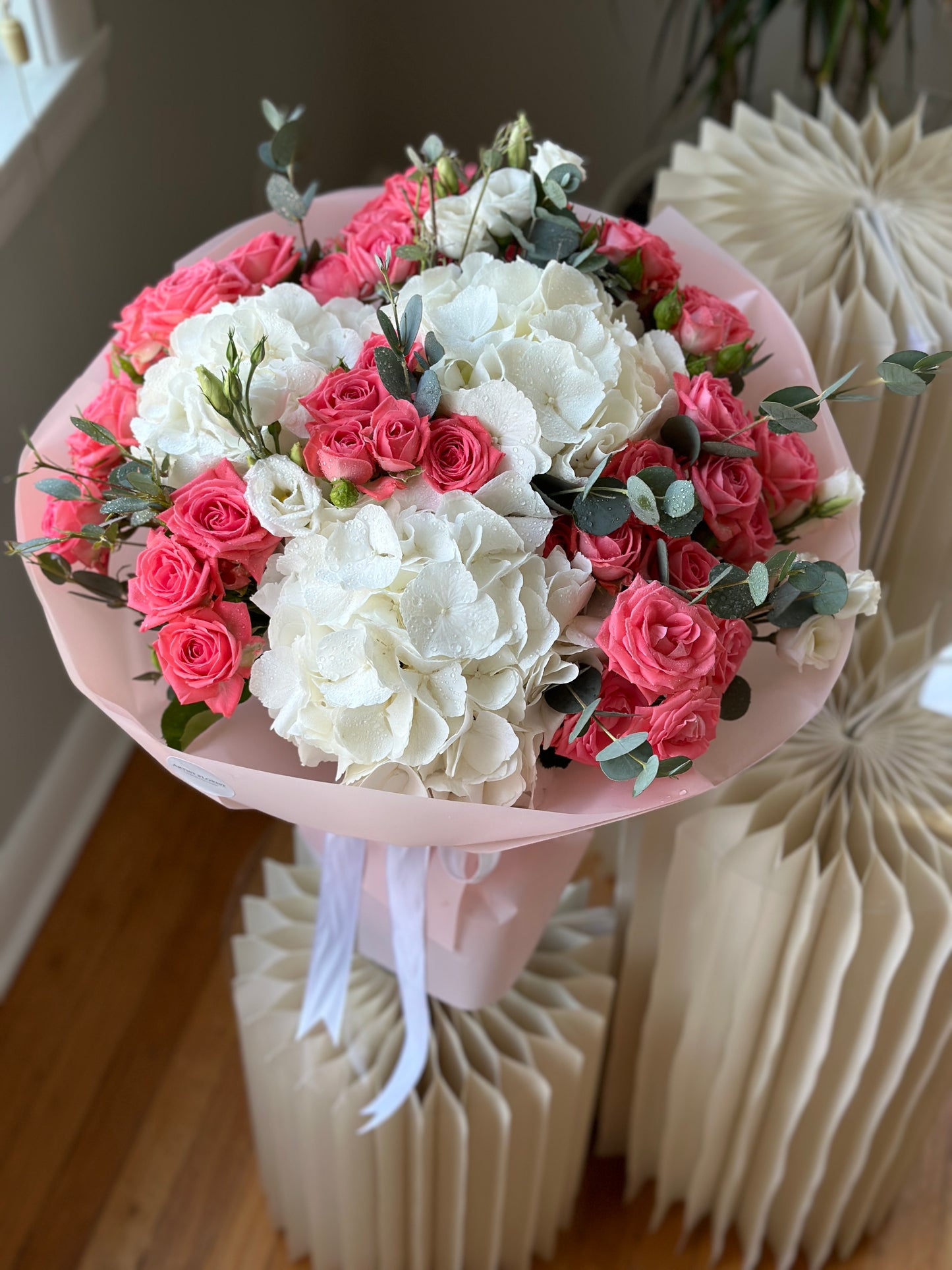 Coral Cloud- Hydrangea, Spray Roses & Eucalyptus Bouquet