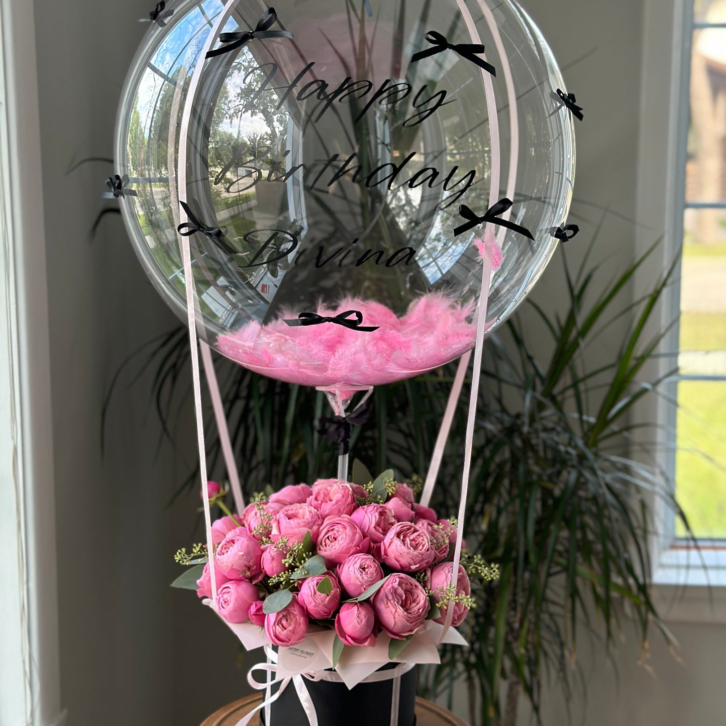 Peony Spray Roses Arrangement in a Hatbox with Bobo Balloon