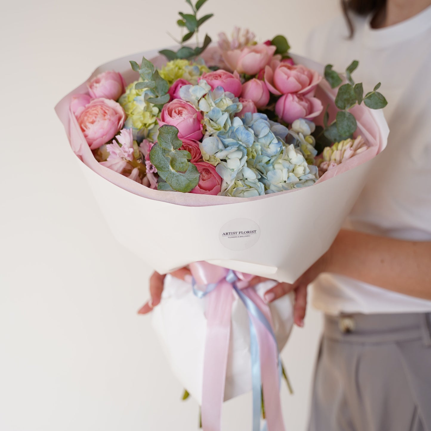 Celestial Beauty- Peony spray roses, Hyacinth, Hydrangeas & Eucalyptus