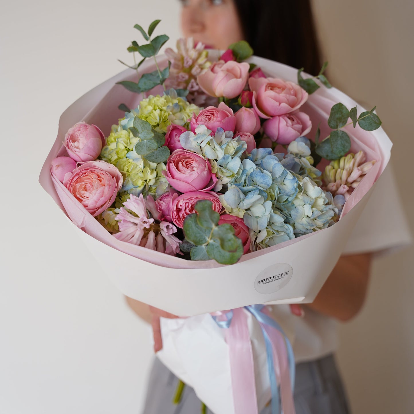 Celestial Beauty- Peony spray roses, Hyacinth, Hydrangeas & Eucalyptus