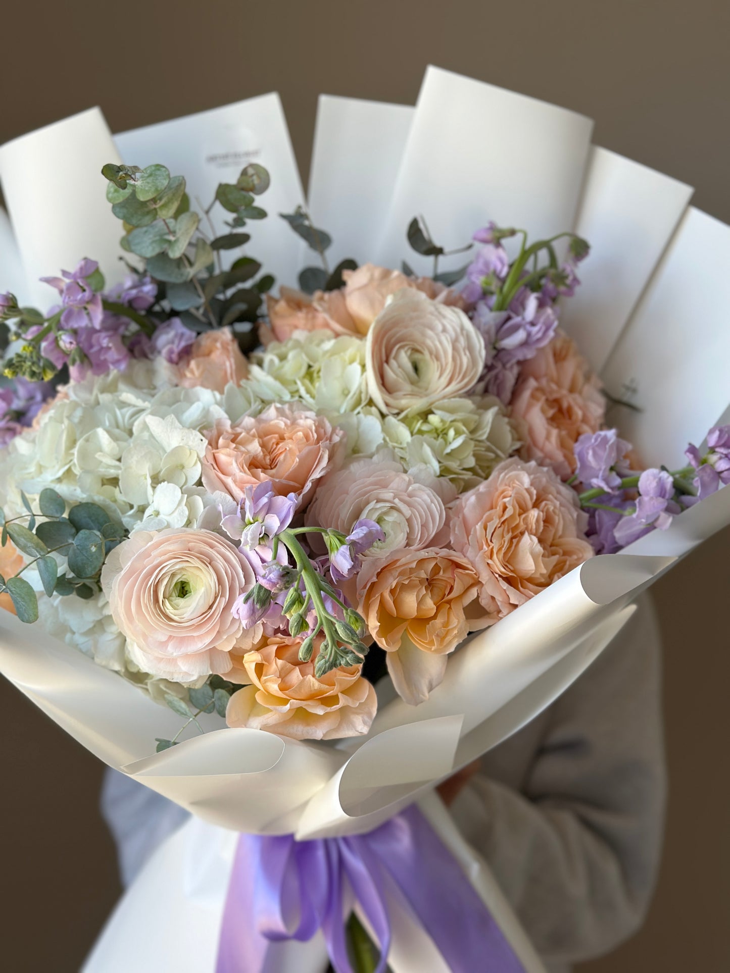 Luxury Spring Garden Bouquet – Blush Ranunculus, White Hydrangea & Lavender Stock