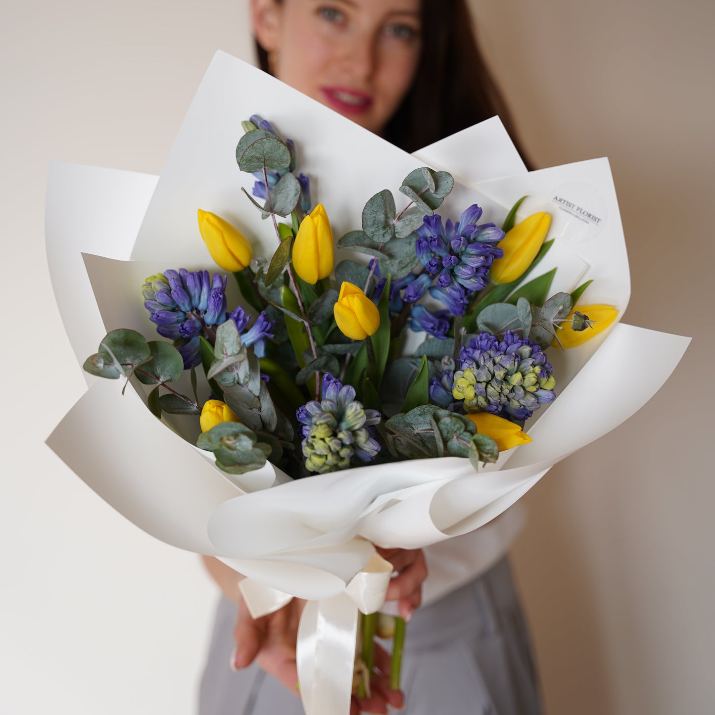 Spring Bouquet with fragrant hyacinths, eucalyptus & tulips