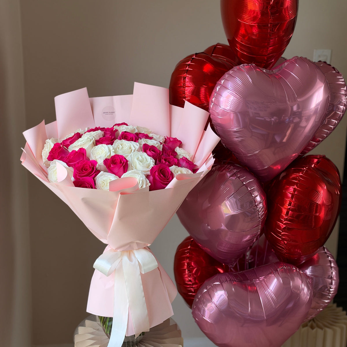 35 White & Hot Pink Roses & Balloons Celebration Set