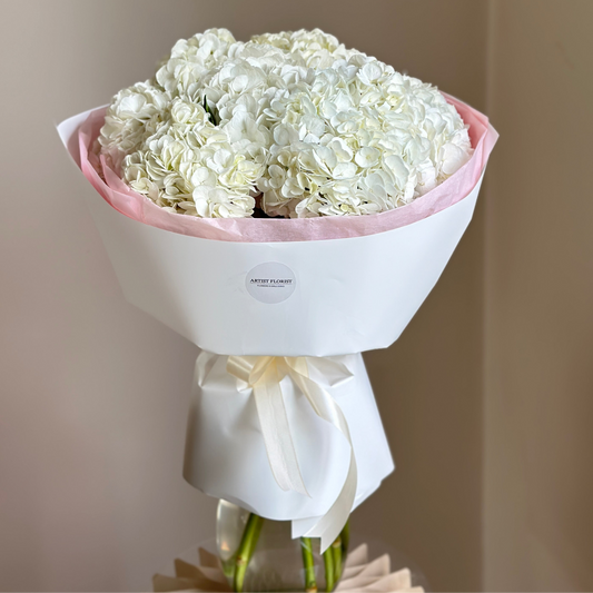 White Hydrangea Bouquet – 7 Stems in Signature Wrapping