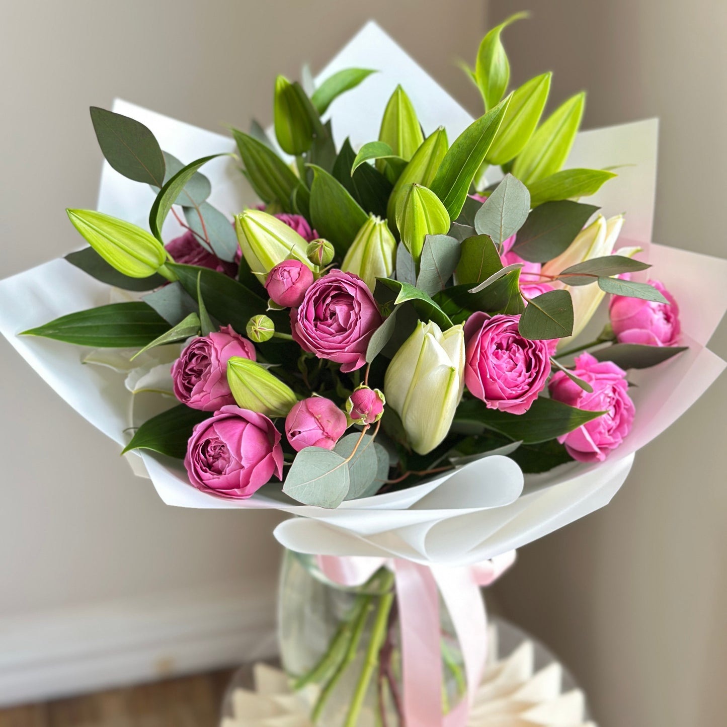 Whisper of Light – Lilies & Spray Garden Roses Bouquet