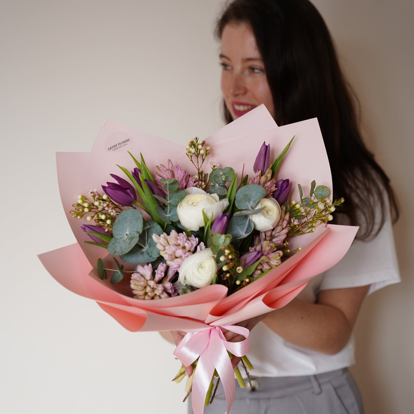 Lavender skies - Bouquet with tulips, hyacinths & ranunculuses
