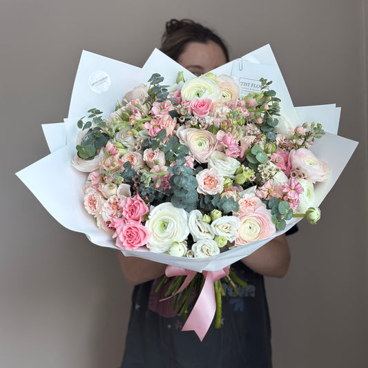 Blush & White Fragrant Flower Bouquet – Ranunculus, Spray Roses & Eucalyptus