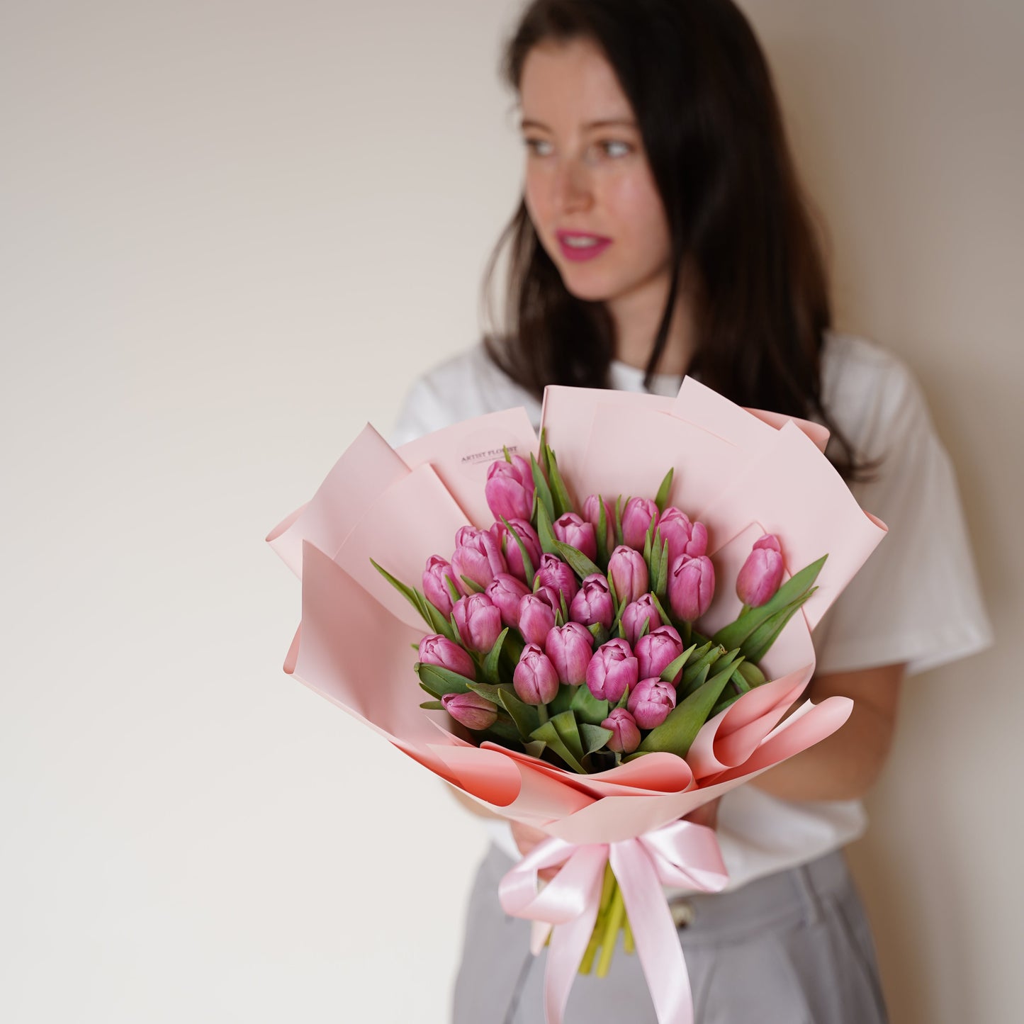 Spring bouquet of 25 fresh pink tulips