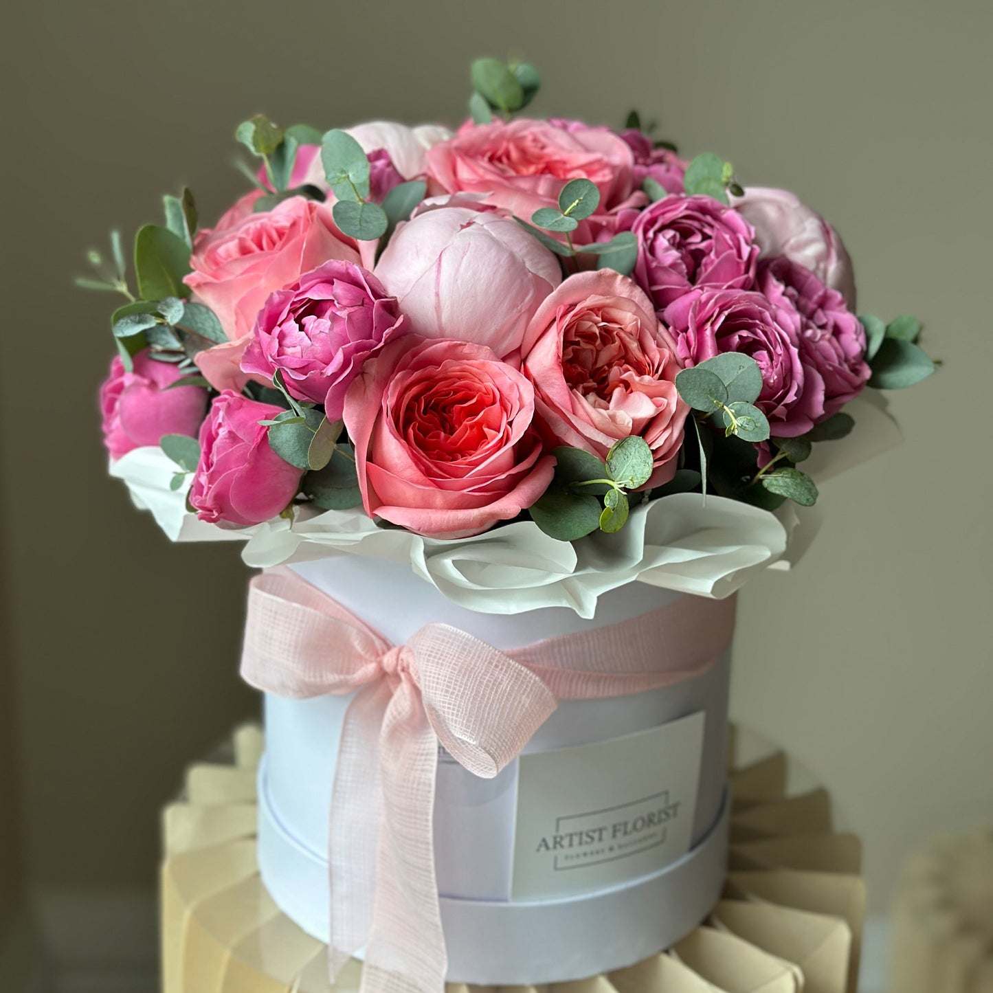 Peony & Garden Rose Hat Box Arrangement | Luxury Flower Box with Eucalyptus