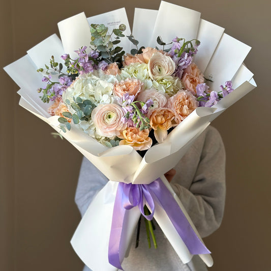 Luxury Spring Garden Bouquet – Blush Ranunculus, White Hydrangea & Lavender Stock