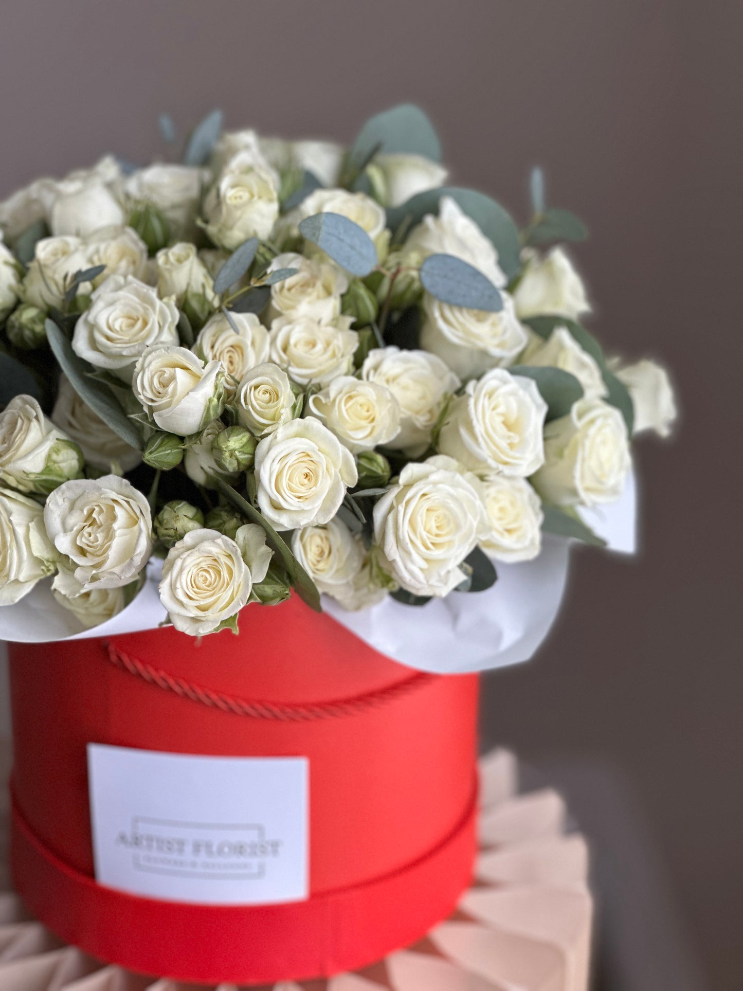 Snowflake – White Spray Rose Hatbox Arrangement