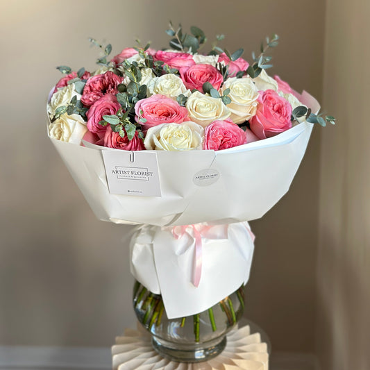 3 Dozen White & Pink Premium Roses with Eucalyptus | Winnipeg Flower Delivery