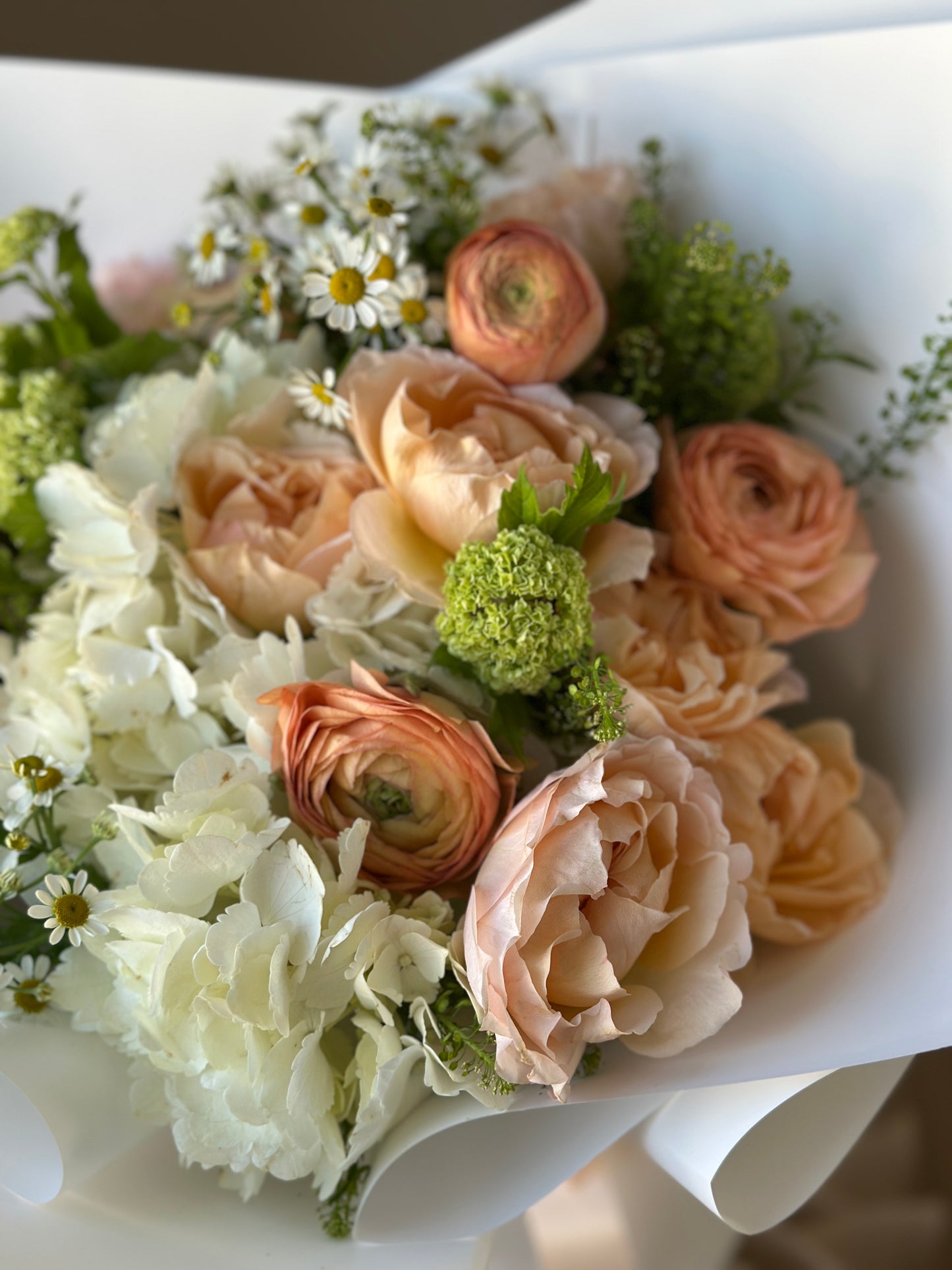 Peachy Marmalade Bouquet – Hydrangea, Ranunculus & Spray Roses