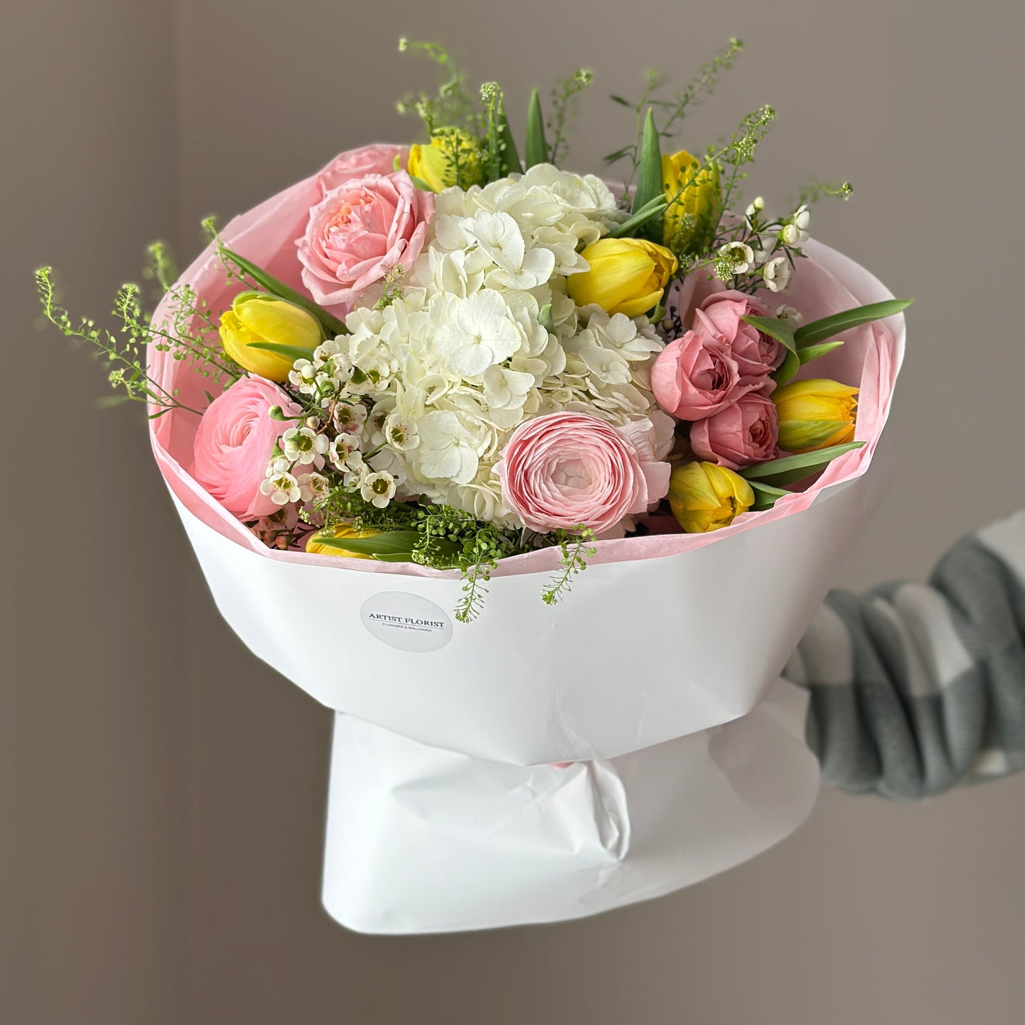Pastel Meadow – Tulips, Hydrangea, Spray Roses & Ranunculus Bouquet