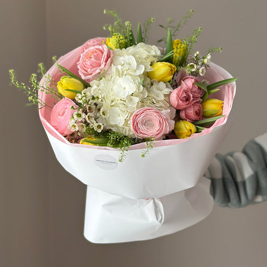 Pastel Meadow – Tulips, Hydrangea, Spray Roses & Ranunculus Bouquet