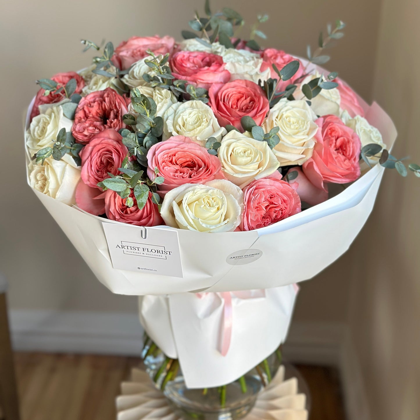 3 Dozen White & Pink Premium Roses with Eucalyptus | Winnipeg Flower Delivery