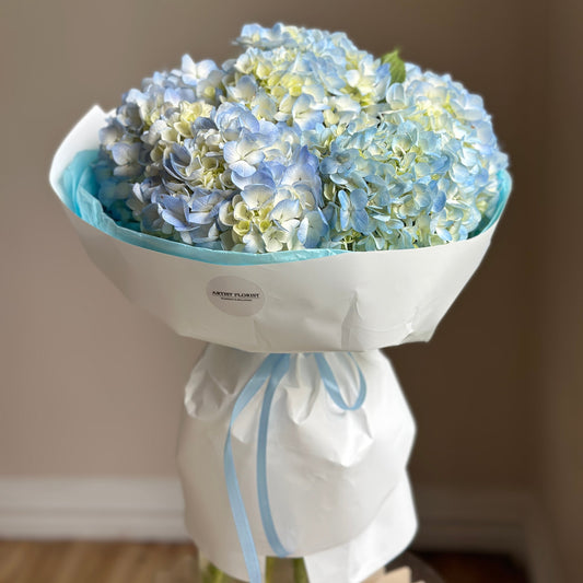 Blue Hydrangea Bouquet – 7 Stems in Signature Wrapping