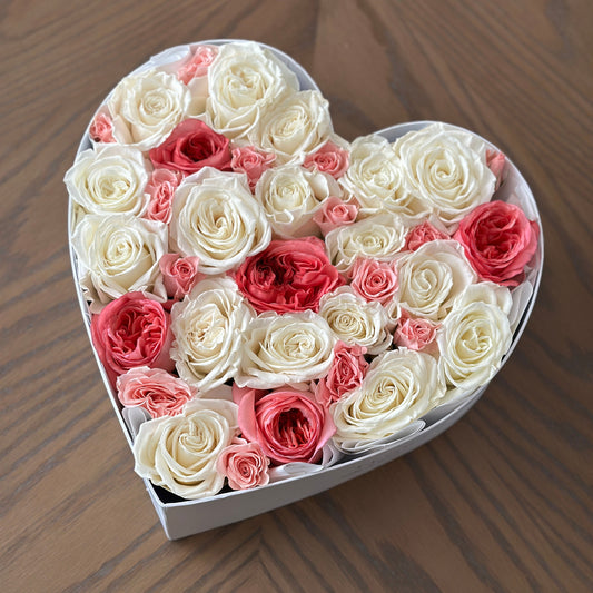 Amore – Heart-Shaped Flower Box with 2 dozen White & Pink Roses