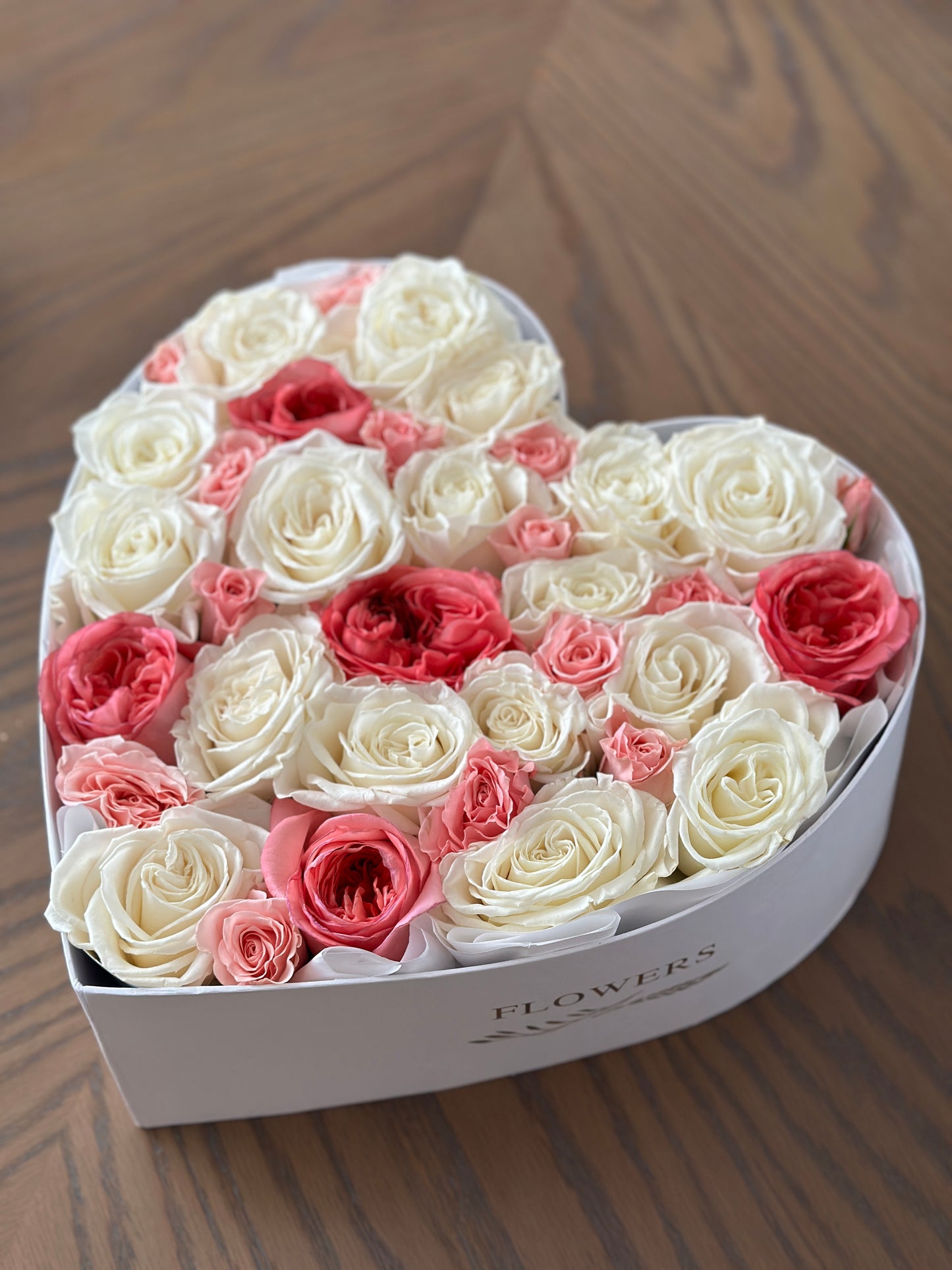 Amore – Heart-Shaped Flower Box with 2 dozen White & Pink Roses