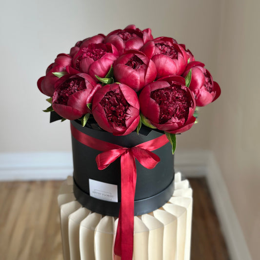 Midnight Romance – 15 Burgundy Peonies in Black Hat Box