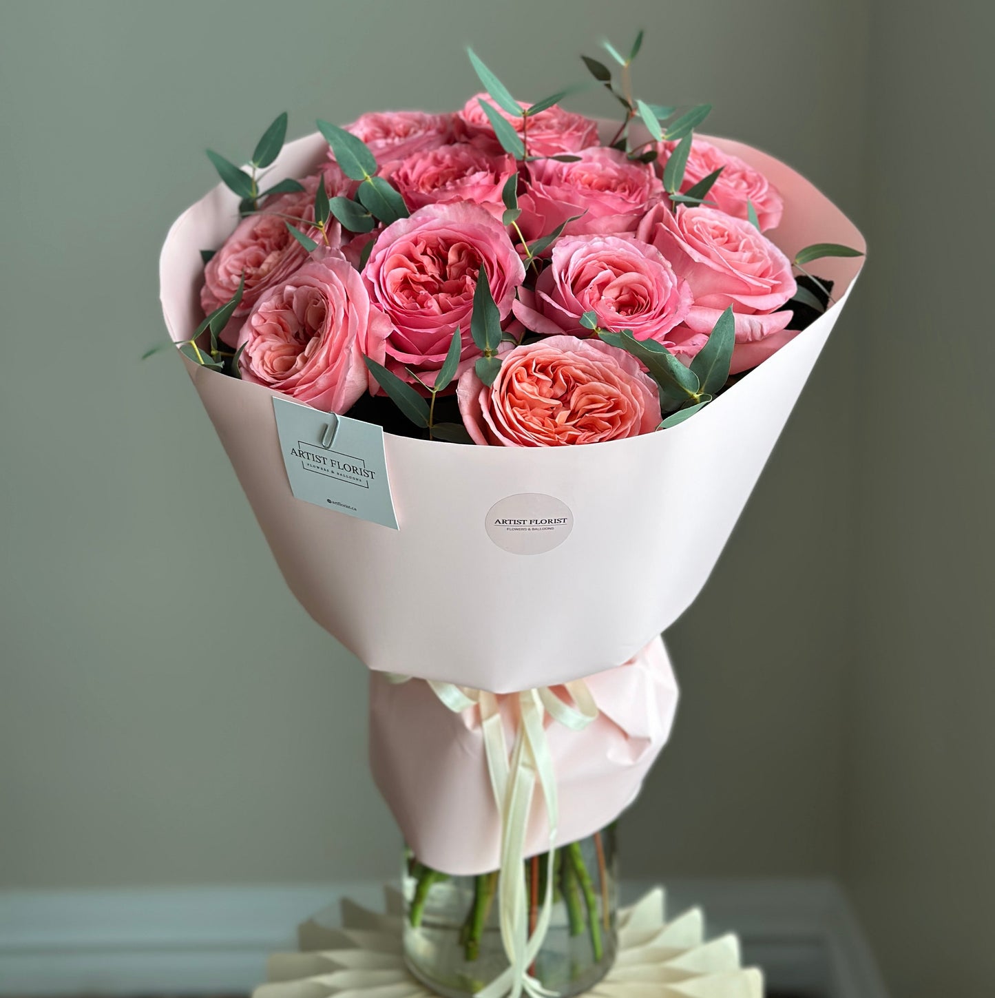 Dozen Garden Roses with Eucalyptus – Elegant Bouquet