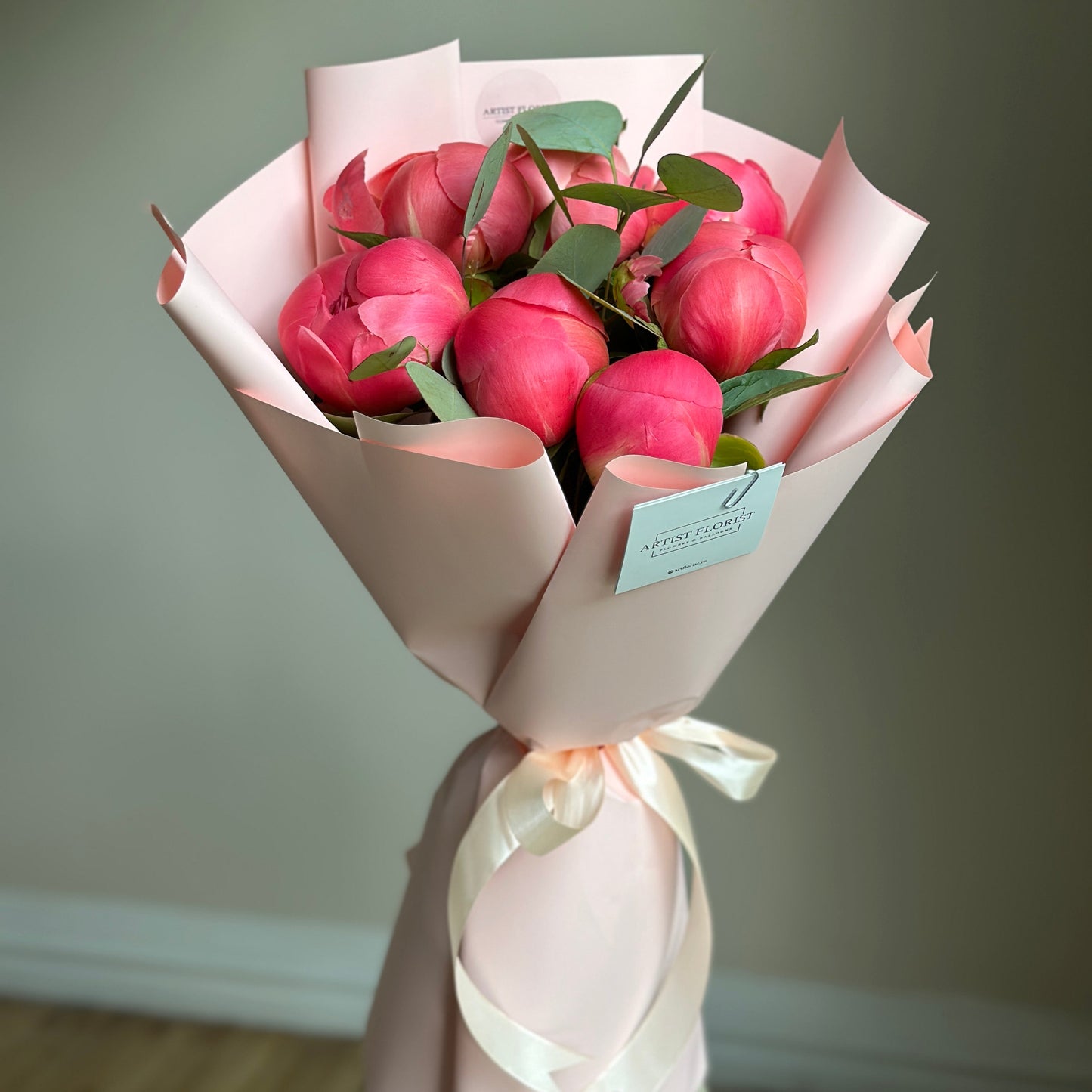 Bouquet of 7 peonies Coral Charm & eucalyptus