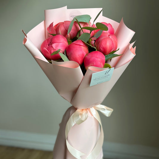 Bouquet of 7 peonies Coral Charm & eucalyptus