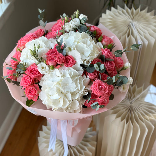 Coral Cloud- Hydrangea, Spray Roses & Eucalyptus Bouquet