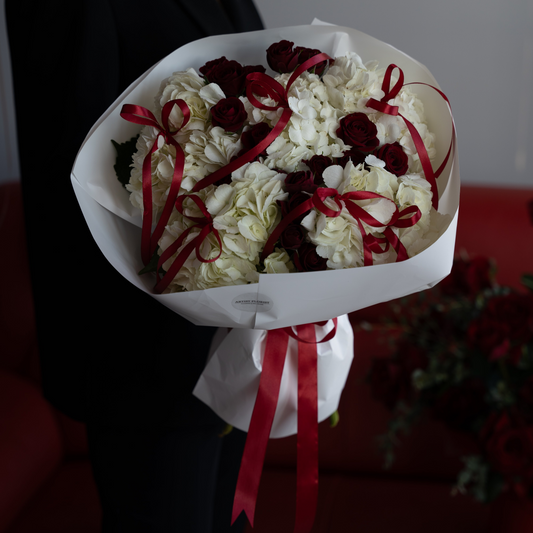 Crimson Elegance – Hydrangea & Spray Roses Bouquet with Red Bows