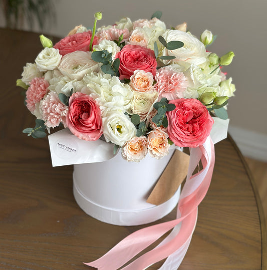 Soft Bloom Box – White & Blush Flowers with Hydrangea, Peony Roses & Ranunculus | Winnipeg Delivery