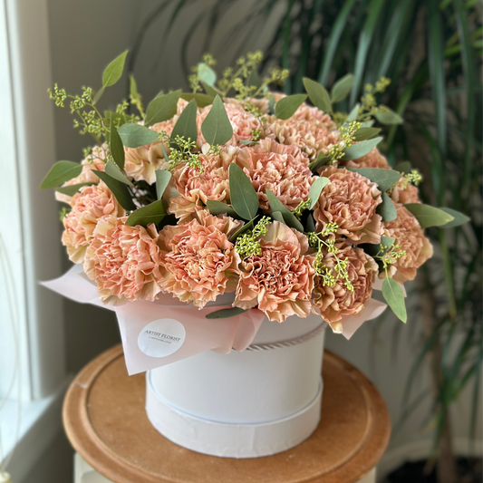 Elegant Carnation & Eucalyptus Hatbox | Fresh Flower Delivery Winnipeg