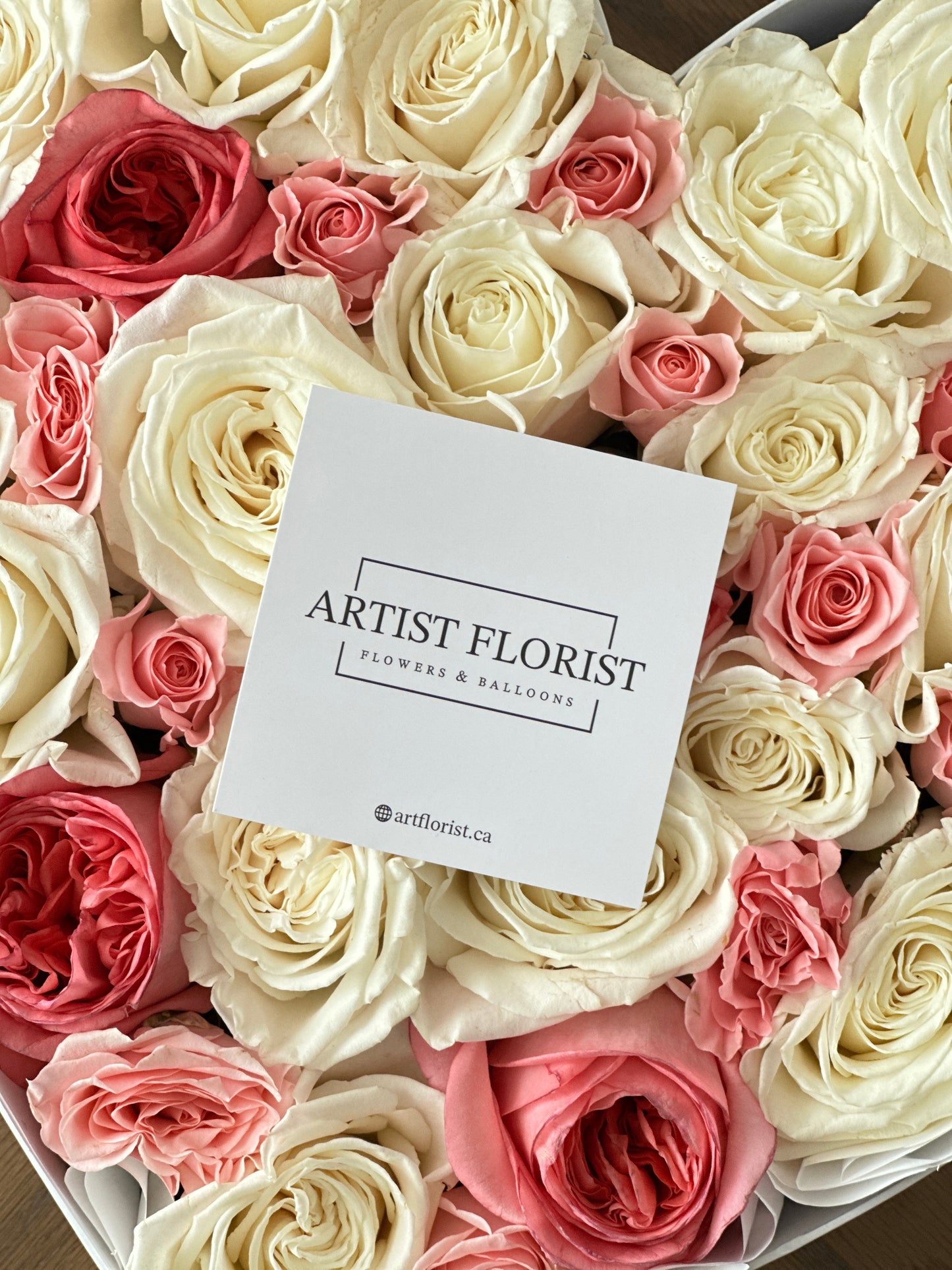 Amore – Heart-Shaped Flower Box with 2 dozen White & Pink Roses