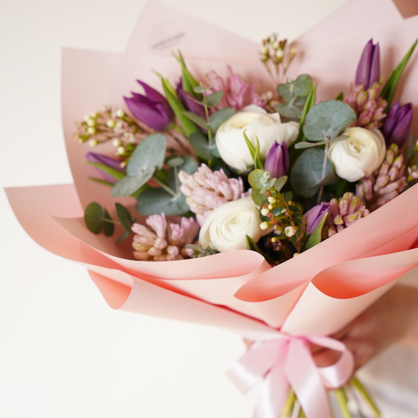 Lavender skies - Bouquet with tulips, hyacinths & ranunculuses