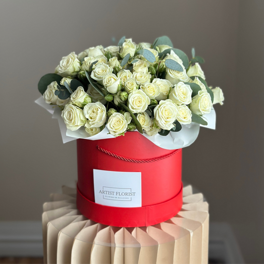 Snowflake – White Spray Rose Hatbox Arrangement