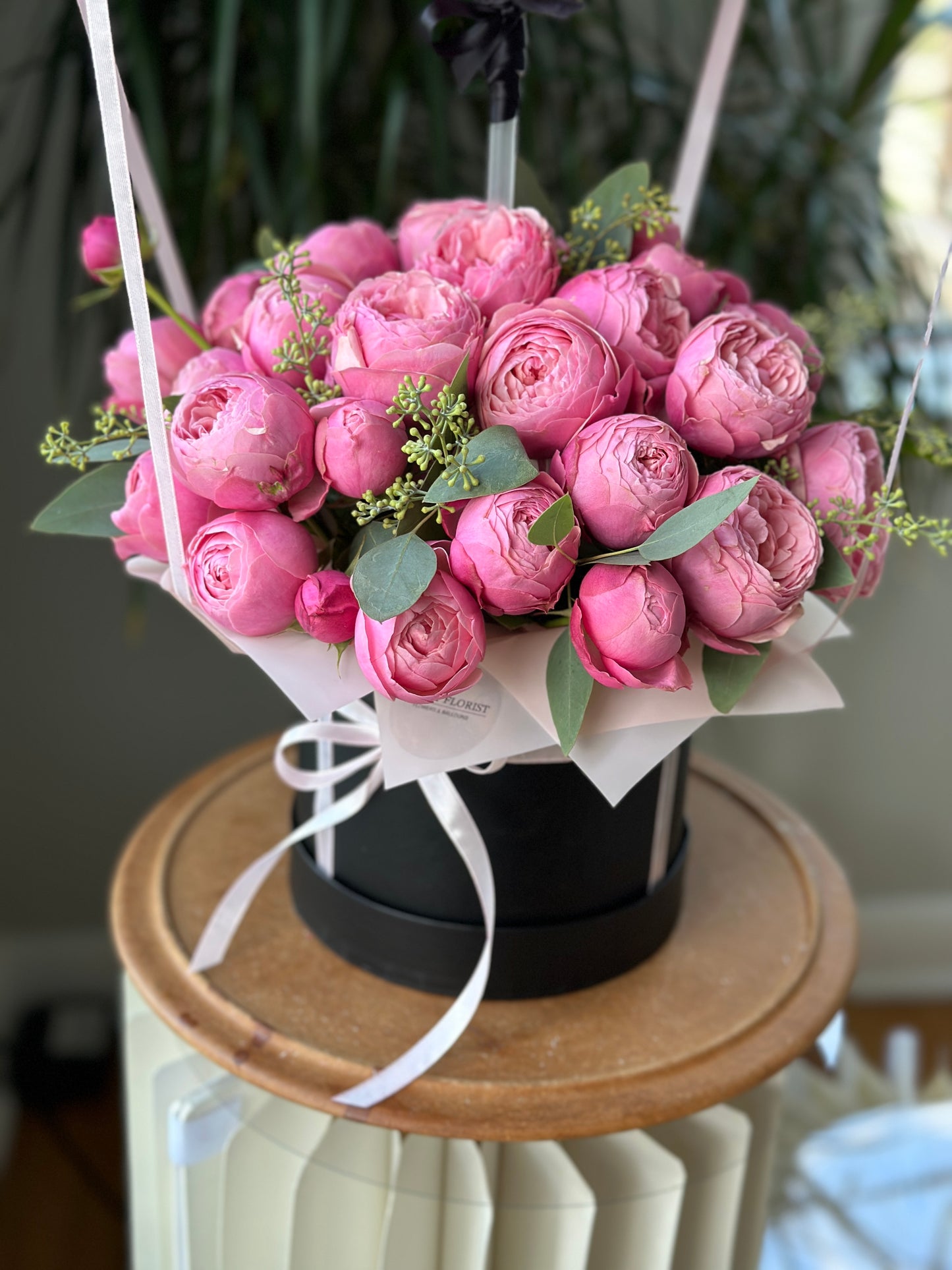 Peony Spray Roses Arrangement in a Hatbox with Bobo Balloon